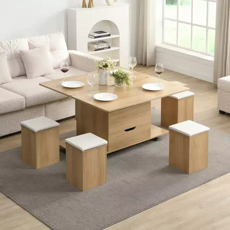 Multifunktionaler moderner Couchtisch mit Hubplatte und verstecktem Stauraum, 4 Hockern und Rollen, perfekt für moderne Wohnräume