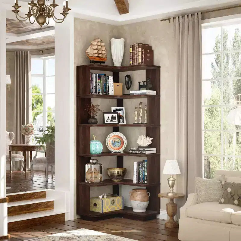 Hoekboekenkast met 6 planken, ruimtebesparend displayrek