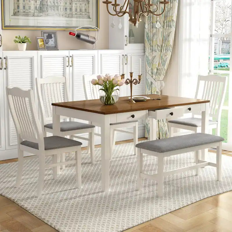 Eetkamerset van hout, 6-delig, met 4 stoelen en een bankje, tafel met lade
