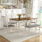 Eetkamerset van hout, 6-delig, met 4 stoelen en een bankje, tafel met lade