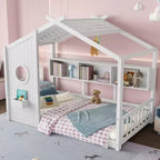 Eenpersoons-/tweepersoonsbed in huisvorm met platformbedframe, peuterbed op de vloer, Montessori-bed voor kinderen, speelhuisbed met opbergplank - ModernLuxe