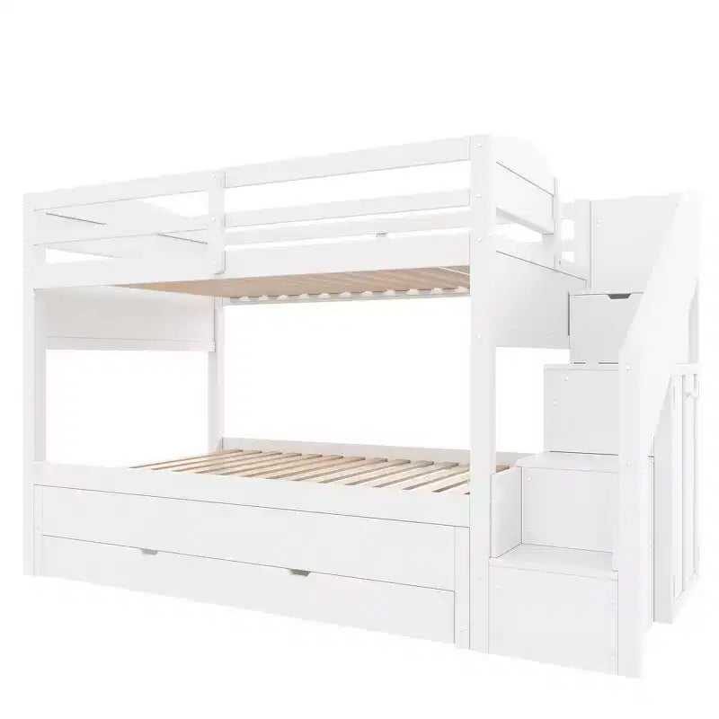 Whisen XL-Etagenbettgestell mit Ausziehbett, Etagenbett mit Stauraum, Etagenbett aus Massivholz, Stauraumtreppe, Kleiderschrank, 3 Schubladen, für Kinder
