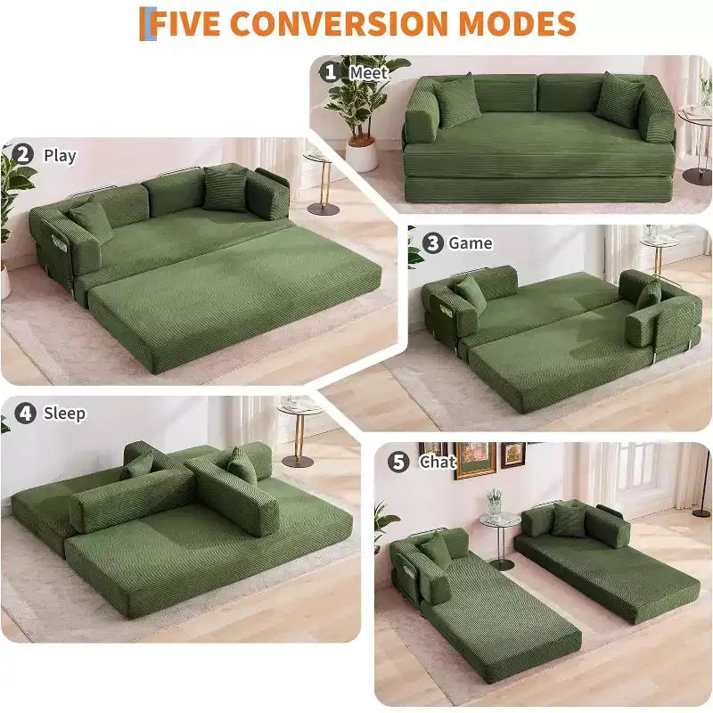 Rozkładana sofa 5 w 1, modułowa sofa do spania z sztruksu o szerokości 78.8 i solidnym stelażu, wielofunkcyjny futon do małych pomieszczeń, salonu i pokoju gościnnego
