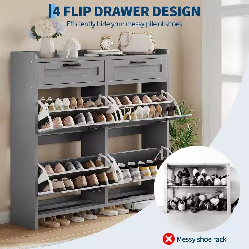 Schoenenkast met 4 klepdeuren en 2 bovenladen, houten schoenenkast met verstelbare plank, vrijstaand schoenenopbergmeubel