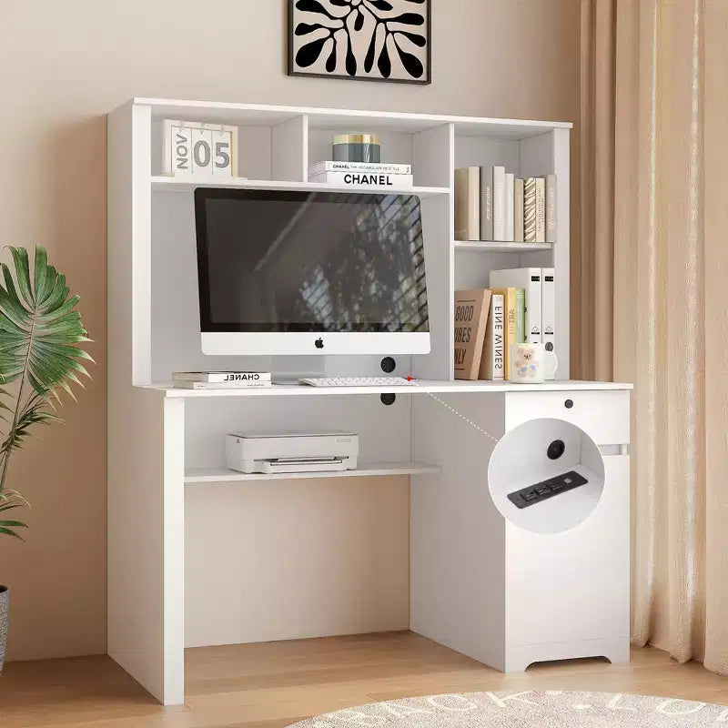 Moderner Computertisch mit Aufsatz und Bücherregal, 51.18IN, Bürotisch mit viel Stauraum, Schreibtisch für Arbeitszimmer und Leseraum