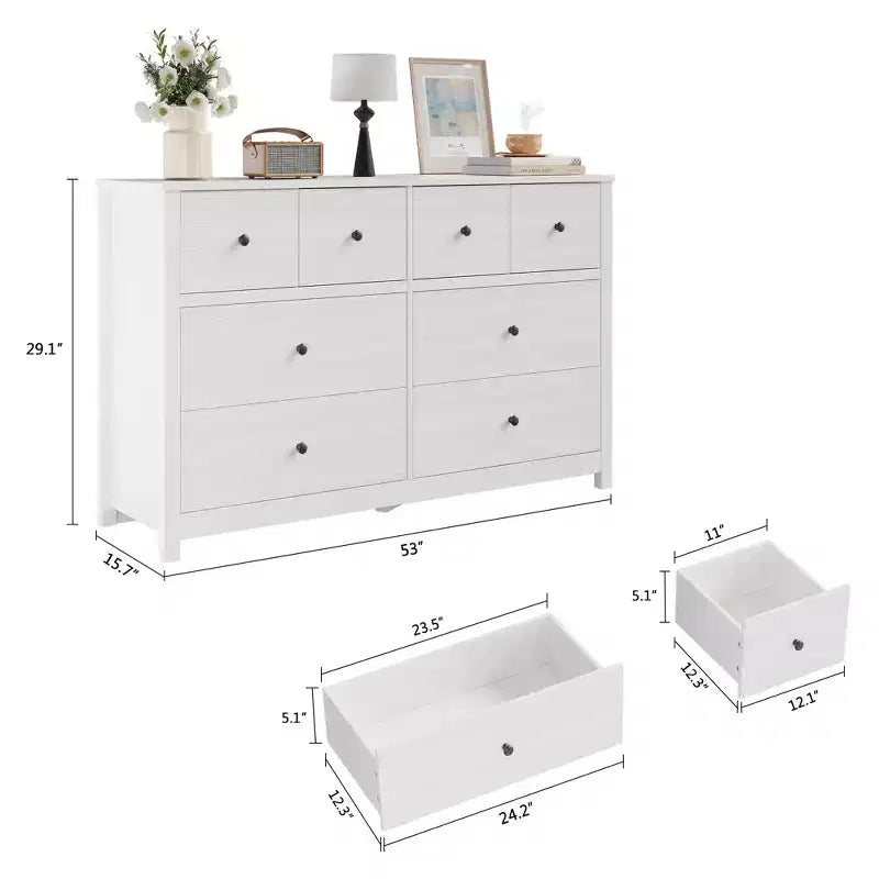 Moderne Kommode mit 8 Schubladen fürs Schlafzimmer, breite Holzkommode mit tiefem Stauraum, freistehender Ordnungsschrank für das Wohnzimmer