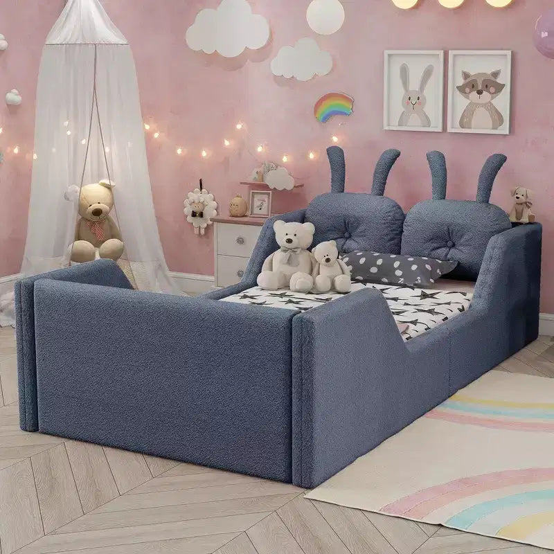 Lit plateforme simple Whisen, cadre de lit rembourré pour enfant au ras du sol avec coussin lapin et barrières latérales amovibles