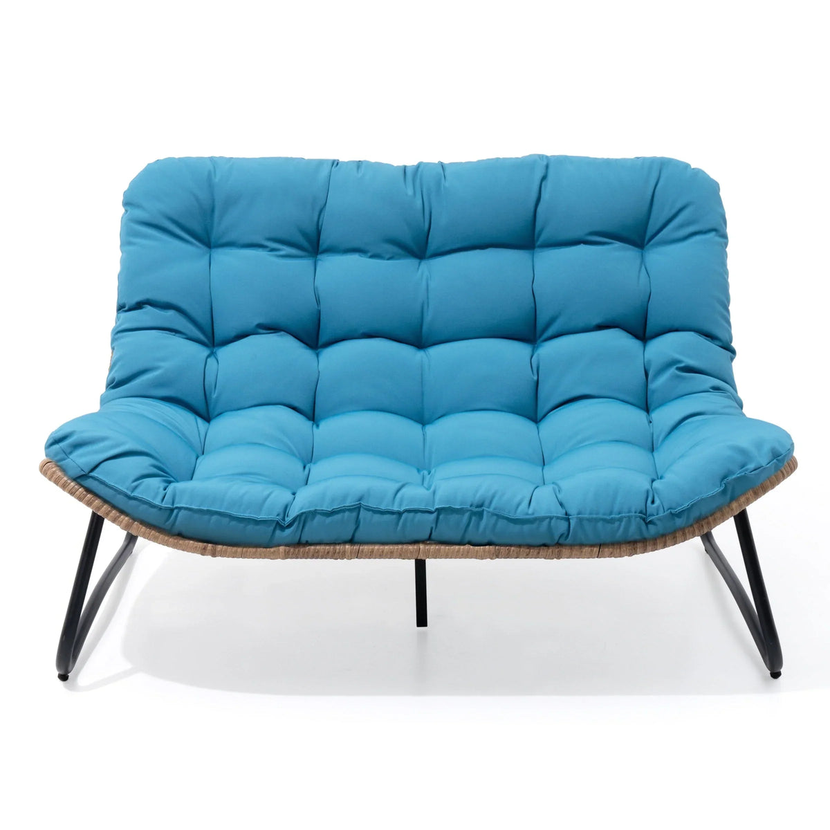 Dubbele papasan-loveseat met kussen, weerbestendig PE-rotan en metalen frame voor binnen en buiten