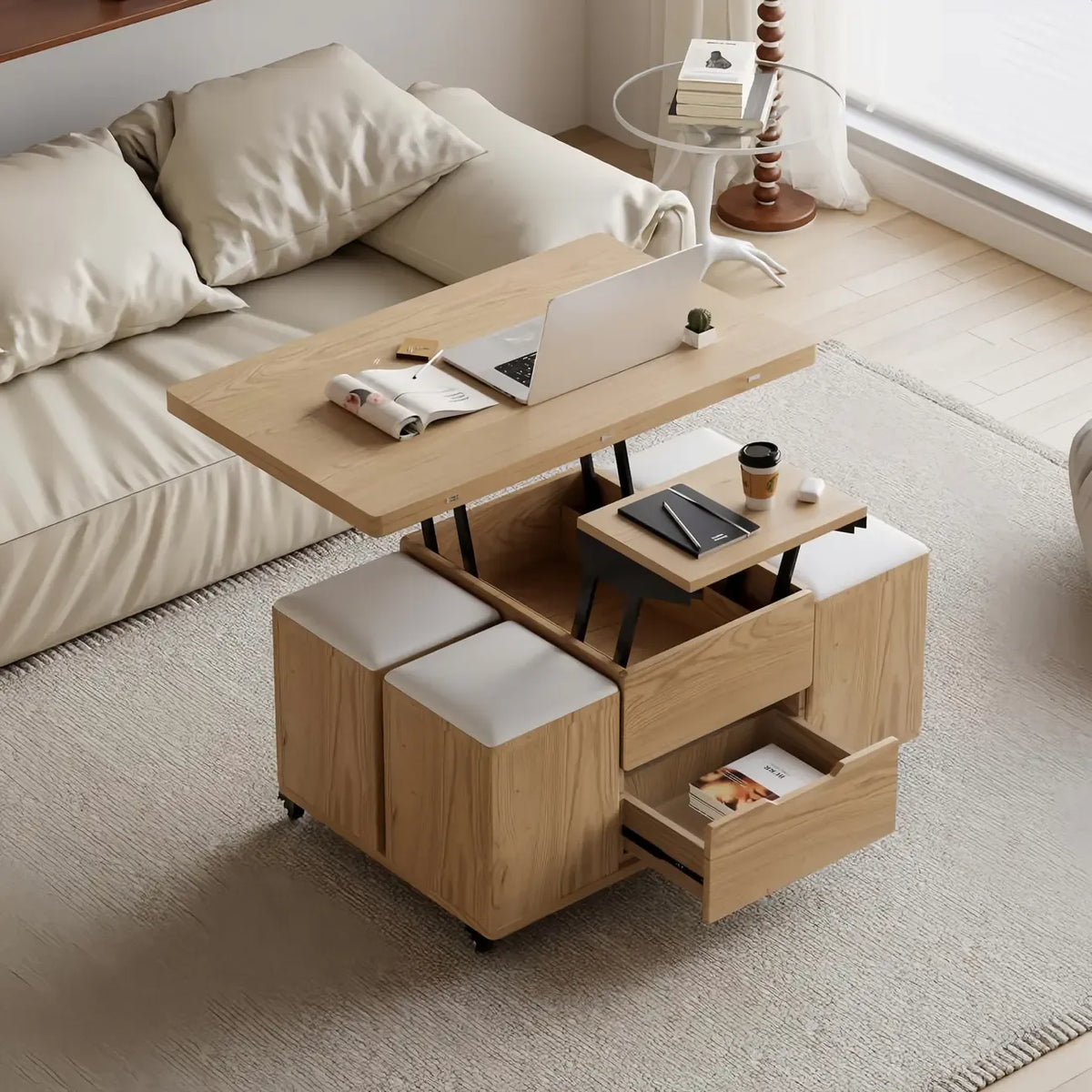 Klappbarer Couchtisch mit Hubplatte, 4 Hockern und Stauraum
