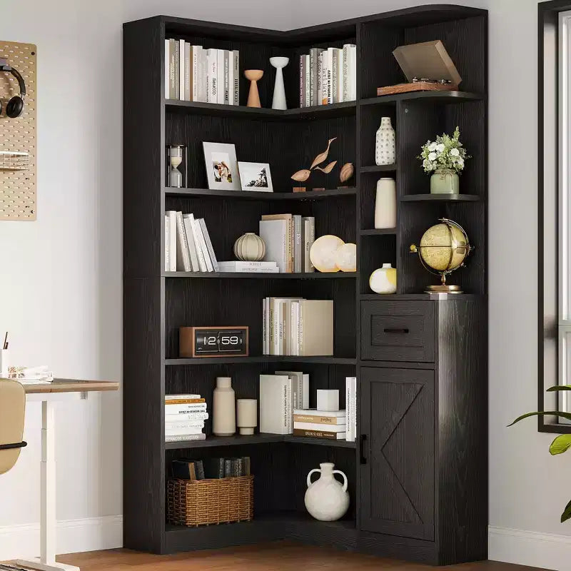 Hoekboekenkast, 74 hoge hoekboekenkasten, L-vormige boekenkast met 6 niveaus, open planken en opbergladen voor de woonkamer of het thuiskantoor