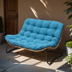 Dubbele papasan-loveseat met kussen, weerbestendig PE-rotan en metalen frame voor binnen en buiten