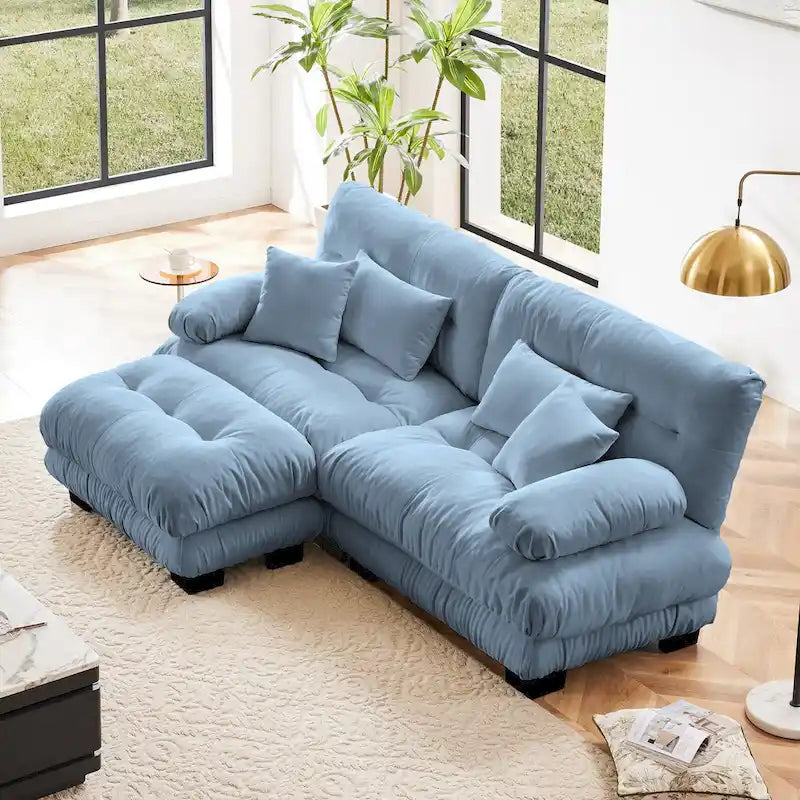 L-vormige loveseat, hoekbank van chenille met lendenkussens