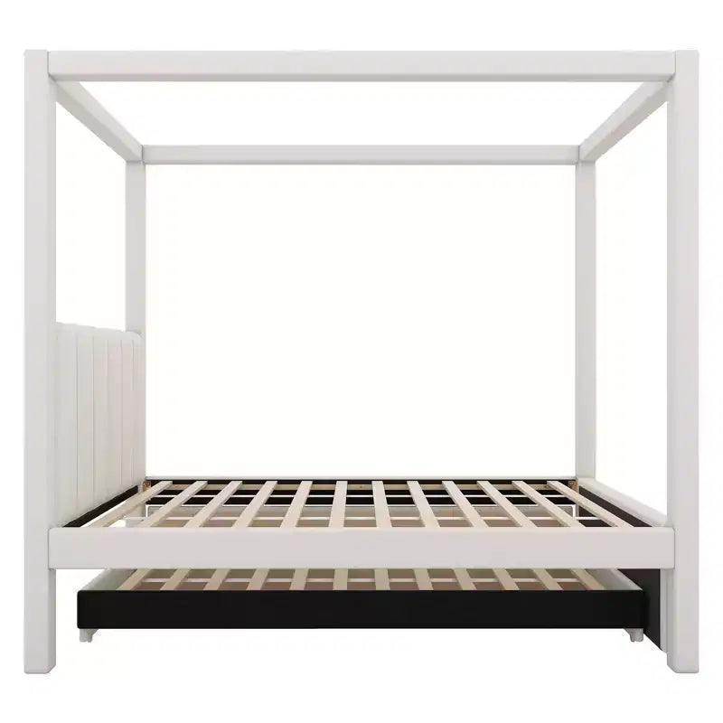 Polsterbett mit Himmelgestell in Full Size aus Leinen, mit Ausziehbett und drei Schubladen