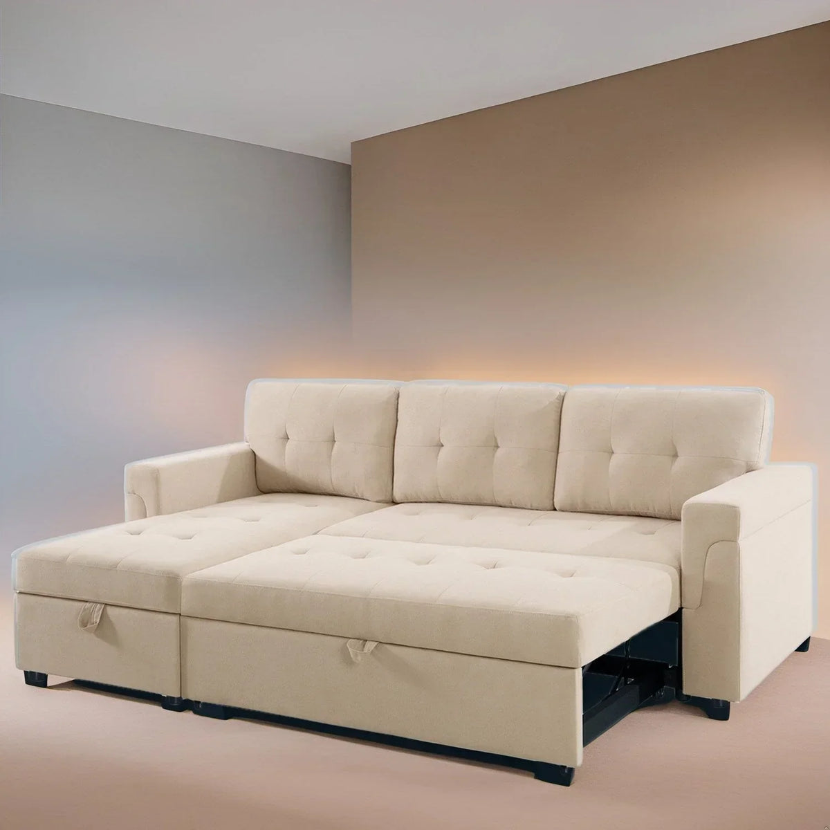 Canapé d’angle convertible et réversible avec lit escamotable, méridienne avec rangement dissimulé et pieds robustes