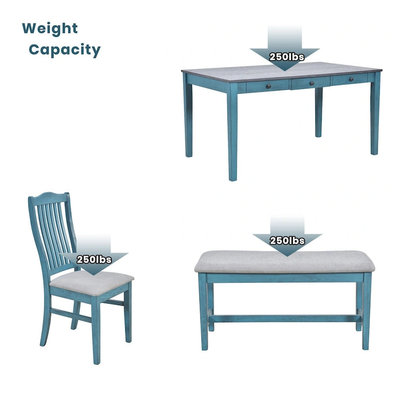 Eetkamerset van hout, 6-delig, met 4 stoelen en een bankje, tafel met lade