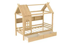 Huisbed met opberglades en raam, frame van massief hout met planken, speels kinderontwerp, lichtwit