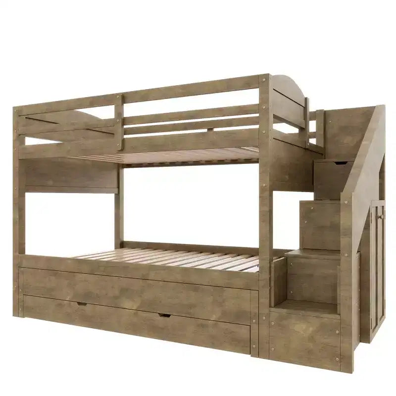 Whisen XL-Etagenbettgestell mit Ausziehbett, Etagenbett mit Stauraum, Etagenbett aus Massivholz, Stauraumtreppe, Kleiderschrank, 3 Schubladen, für Kinder
