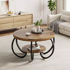 Runder Couchtisch im Industrial-Stil, 30 Inch, 2 Ablagen, verstellbare Füße, Ablage in Holzoptik, Flammendesign, einfacher Aufbau, Wohnzimmer