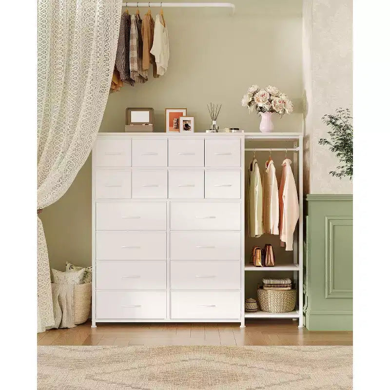Kommode mit 16 Schubladen, Kleiderstange und Regalen, Stoff-Aufbewahrungsorganizer für Schlafzimmer, Kleiderschrank oder Eingangsbereich