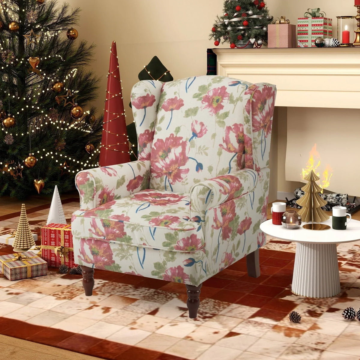 Erommy moderne fauteuil, fauteuil met hoge rugleuning, gestoffeerde eenzitsbank met knopen en houten poten voor de woonkamer