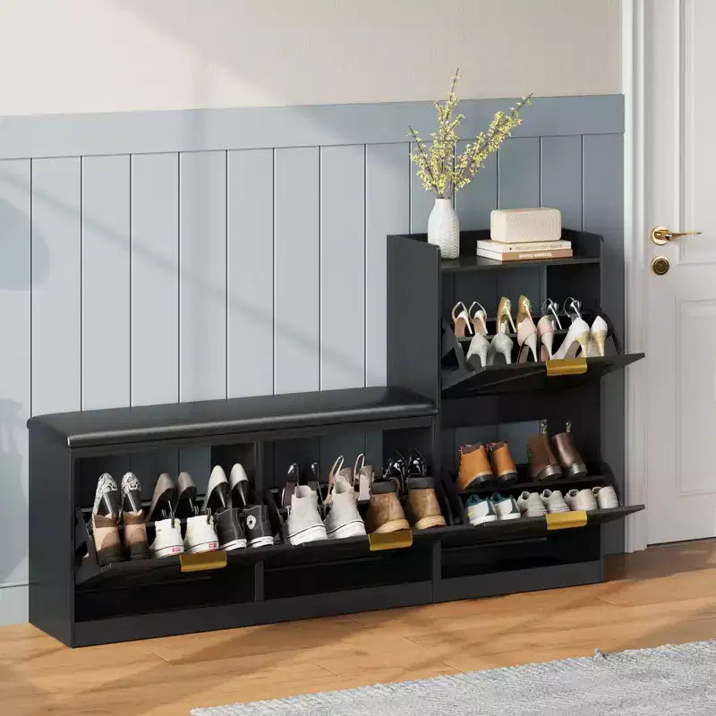 Schuhschrank im Landhausstil mit Sitzbank, Schuhaufbewahrung für den Eingangsbereich mit 4 Klappfächern und bequem gepolstertem Sitz, freistehende Schuhbank