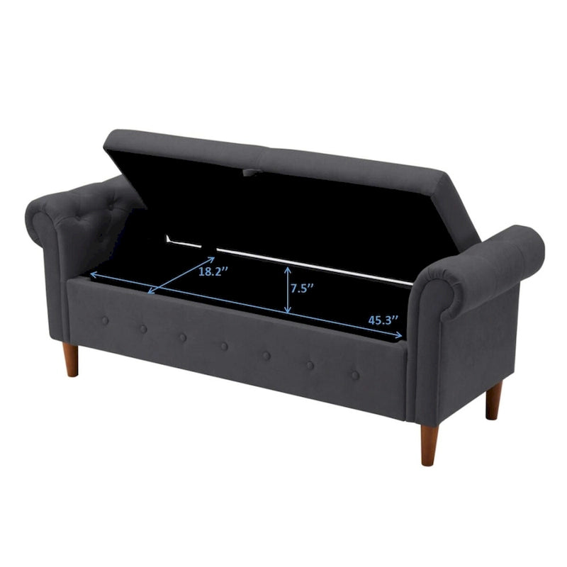 Aufbewahrungsbank fürs Schlafzimmer am Fußende des Bettes, Samt-Ottomane mit gerollten Armlehnen, langes Sofa