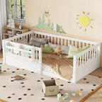 Bellemave-Kinderbodenbett mit erhöhtem Rausfallschutz und Bücherregal, hölzernes Montessori-Einzelbettgestell für Mädchen und Jungen