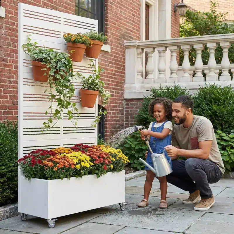 MAYEERTY weißer rechteckiger Pflanzkasten aus Schmiedeeisen mit Rankgitter (Harold Wide-Narrow B Louvered), 72x35x16, 5-teiliges Gartendekor für drinnen und draußen