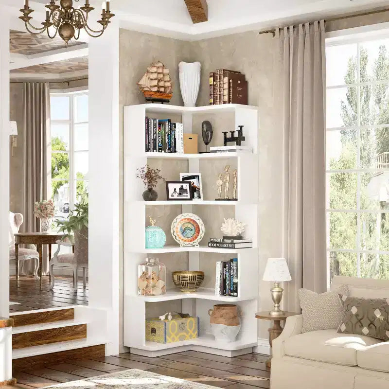 Hoekboekenkast met 6 planken, ruimtebesparend displayrek