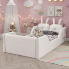 Lit plateforme simple Whisen, cadre de lit rembourré pour enfant au ras du sol avec coussin lapin et barrières latérales amovibles