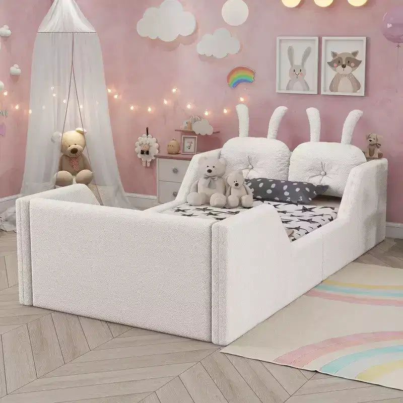 Lit plateforme simple Whisen, cadre de lit rembourré pour enfant au ras du sol avec coussin lapin et barrières latérales amovibles
