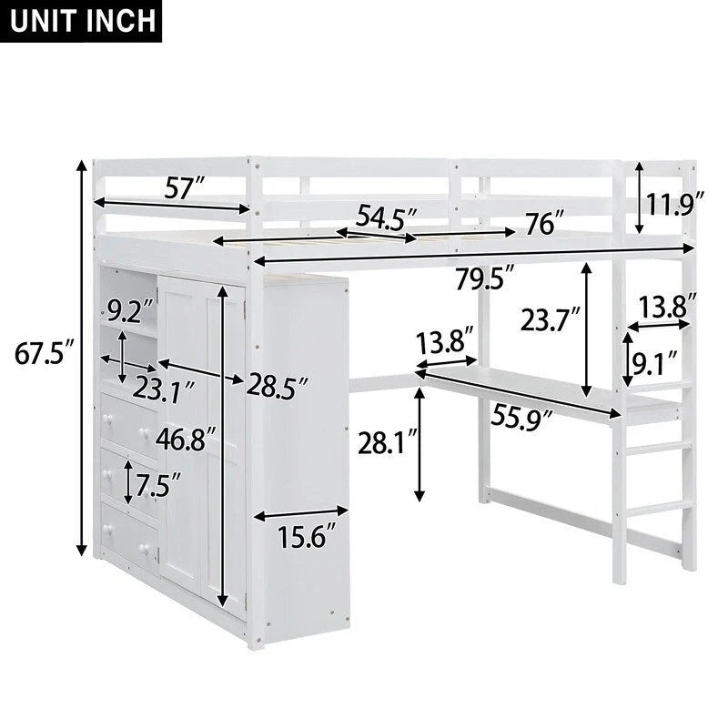 Hochbett aus Holz in Full-Größe mit integriertem Kleiderschrank, Schreibtisch, Ablagefächern und Schubladen