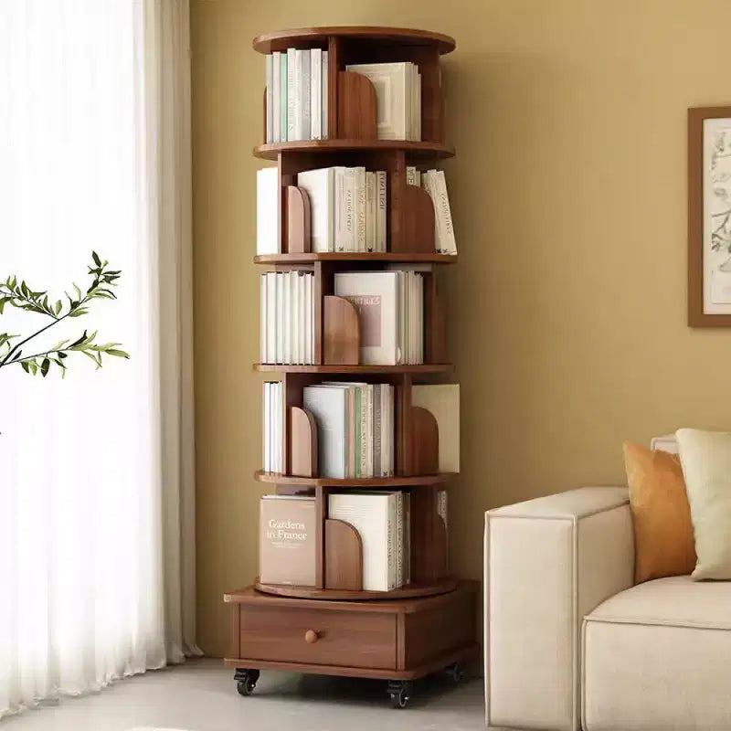 Chic Crate 6-stufiges, um 360° drehbares Eckbücherregal mit Rollen, schmales Bücherregal für kleine Räume, walnussbraun