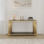 Narrow 2-tier Console Table with Gold Finished Metal Frame and Tempered Glass Top