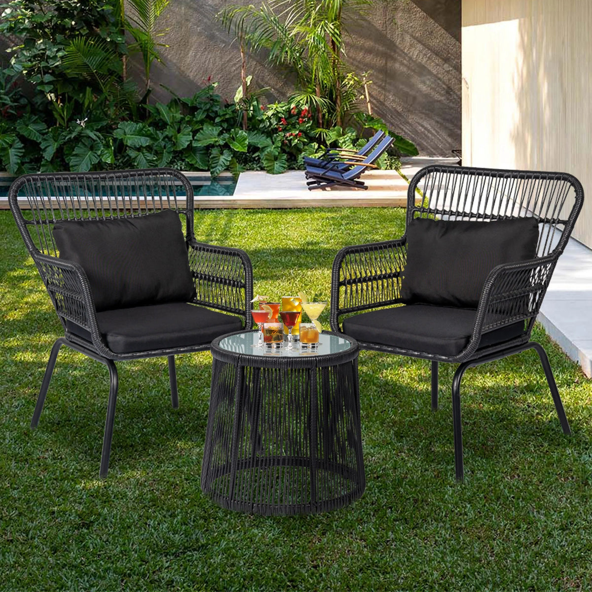 3-teiliges Outdoor-Bistroset aus Korbgeflecht, wetterfeste Rattan-Gartenmöbel mit Stühlen und Kissen