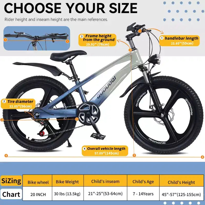 NAYSAYE mountainbike voor kinderen van 20 inch met 7 versnellingen en frame van magnesiumlegering, voor jongens en meisjes van 8-12 jaar, 57.09*21.65*29.92