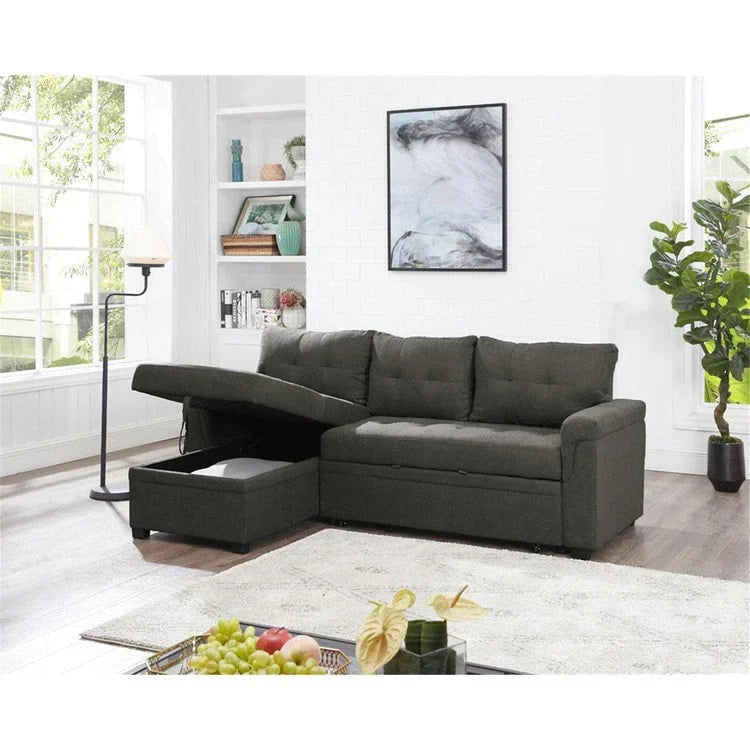 Canapé d’angle convertible et réversible avec lit escamotable, méridienne avec rangement dissimulé et pieds robustes