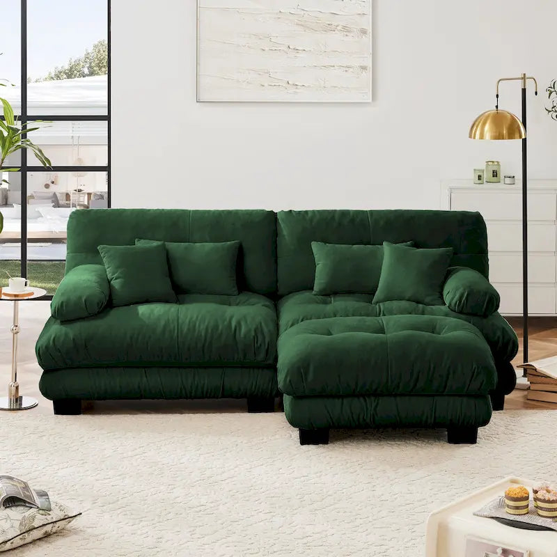 L-vormige loveseat, hoekbank van chenille met lendenkussens
