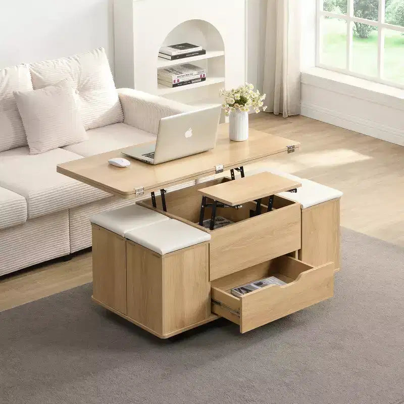 Multifunktionaler moderner Couchtisch mit Hubplatte und verstecktem Stauraum, 4 Hockern und Rollen, perfekt für moderne Wohnräume