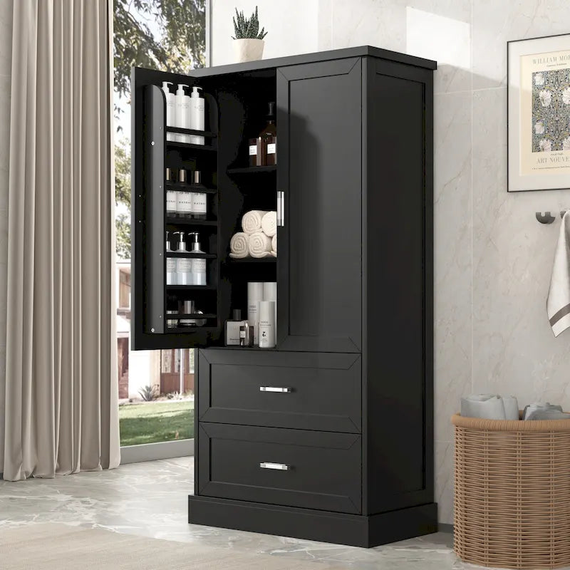 Hoher Badezimmerschrank mit zwei Türen und Schubladen, verstellbarem Einlegeboden und MDF-Platte