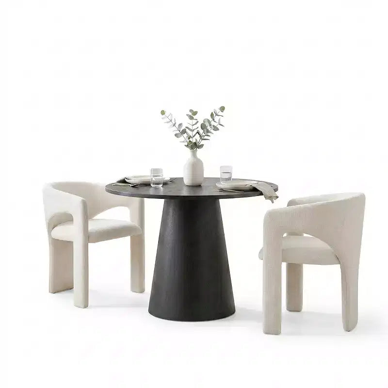 Kleines Esszimmerset für 2 Personen, beige gepolsterte Stühle, runder Esstisch mit Säulenfuß, kompakte moderne Küchenmöbel-Panipeachy