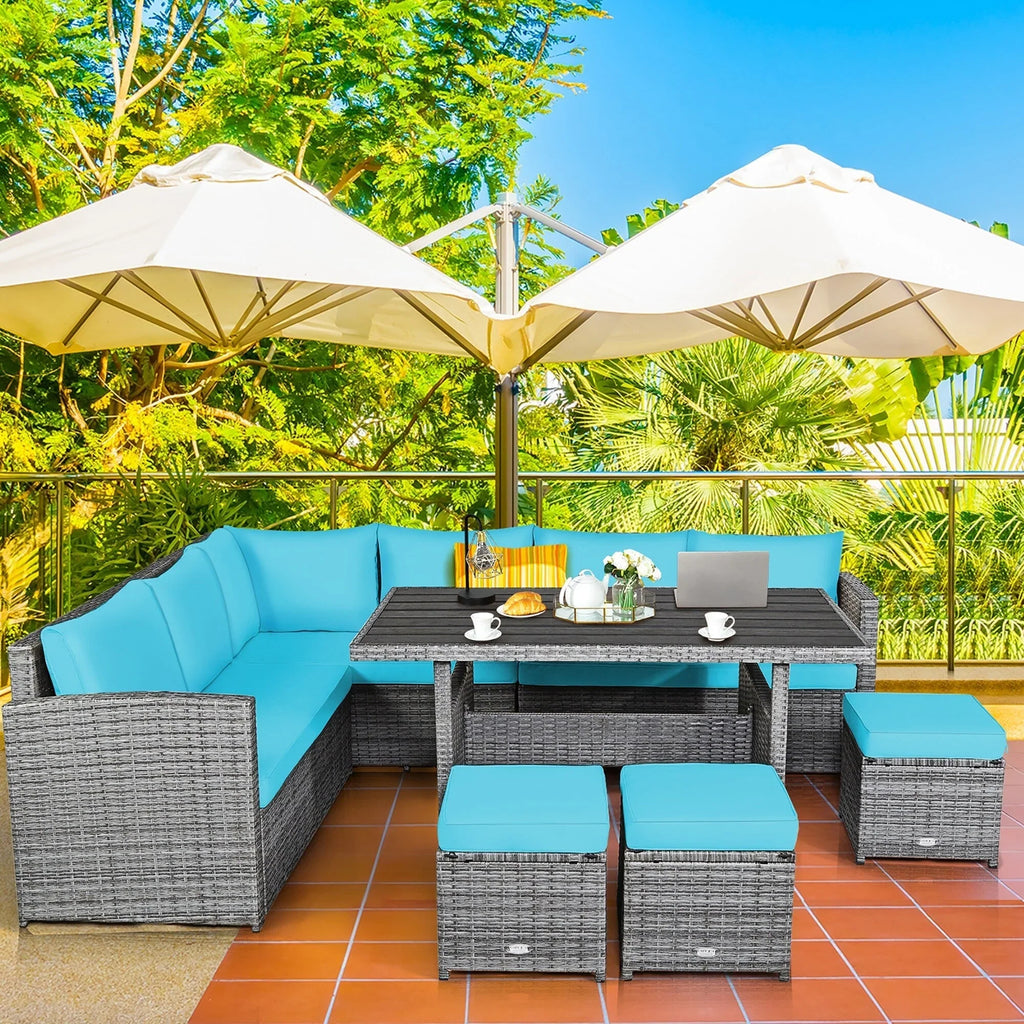 Costway 7-delige diningset van rotan voor het terras, modulaire bank, sofa en voetenbank - bekijk de details