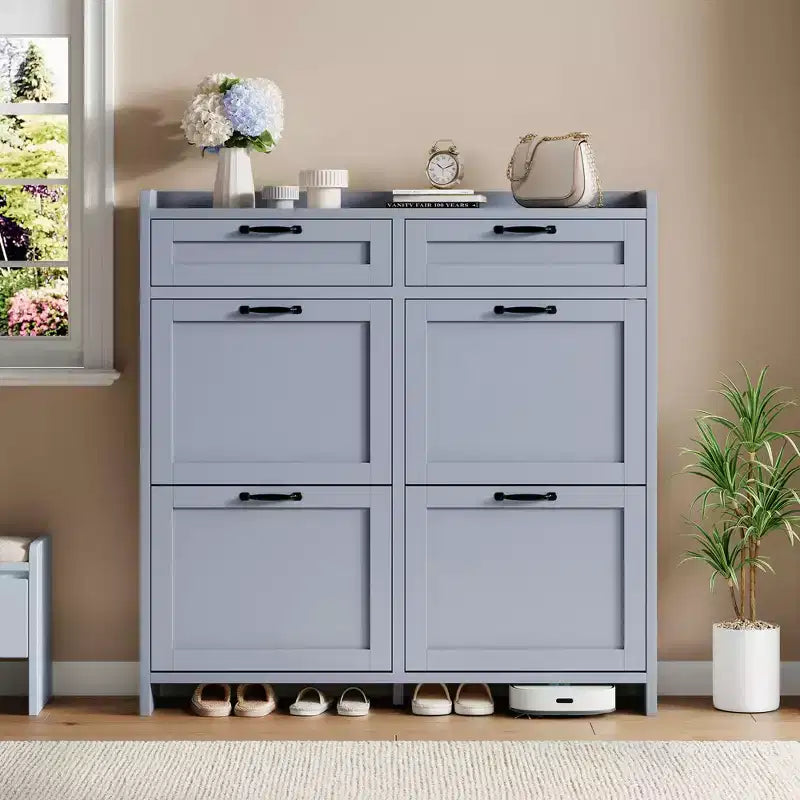 Schoenenkast met 4 klepdeuren en 2 bovenladen, houten schoenenkast met verstelbare plank, vrijstaand schoenenopbergmeubel
