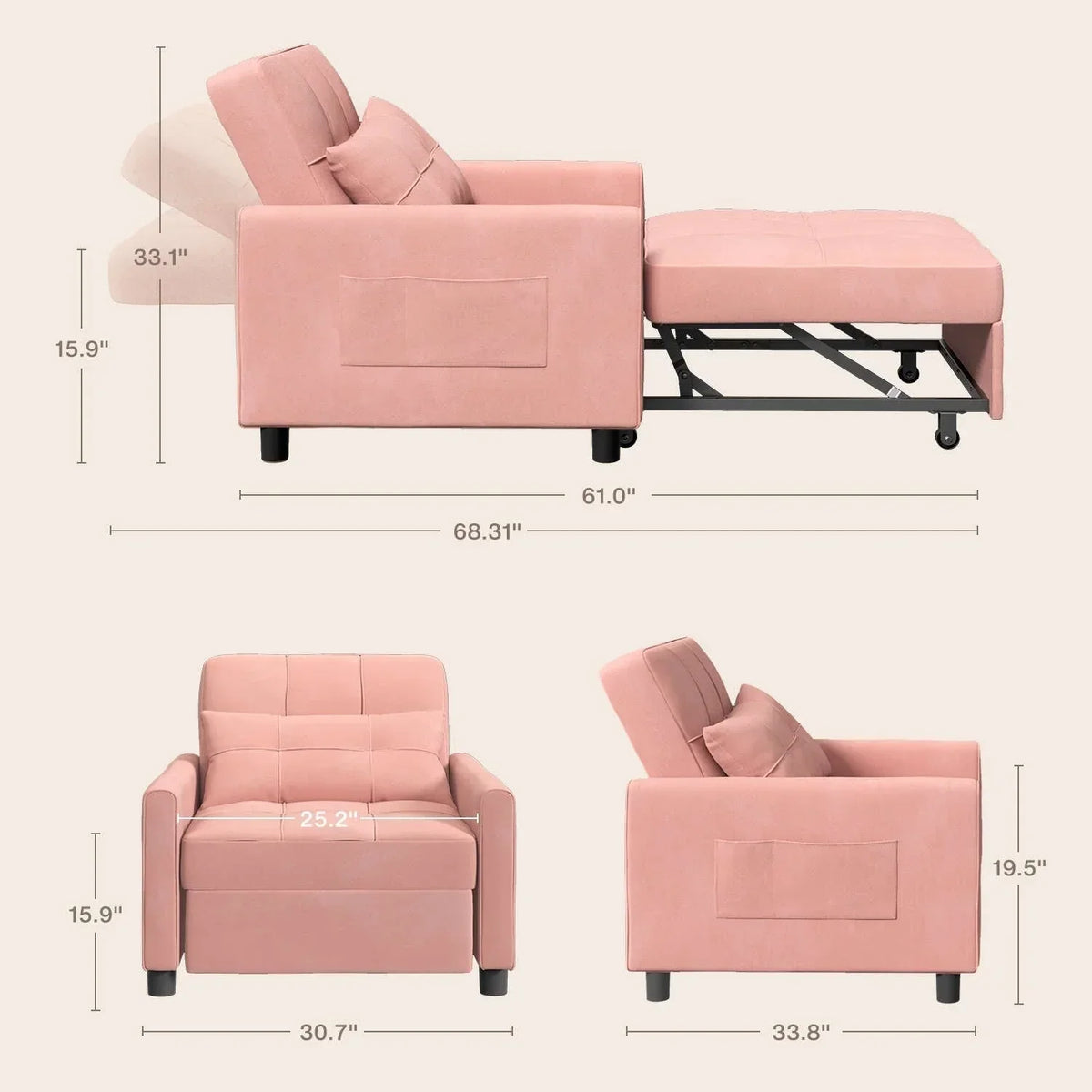 Canapé-lit convertible 3 en 1 avec réglage ajustable, fauteuil-canapé avec lit escamotable, lit pliant convertible pour le salon