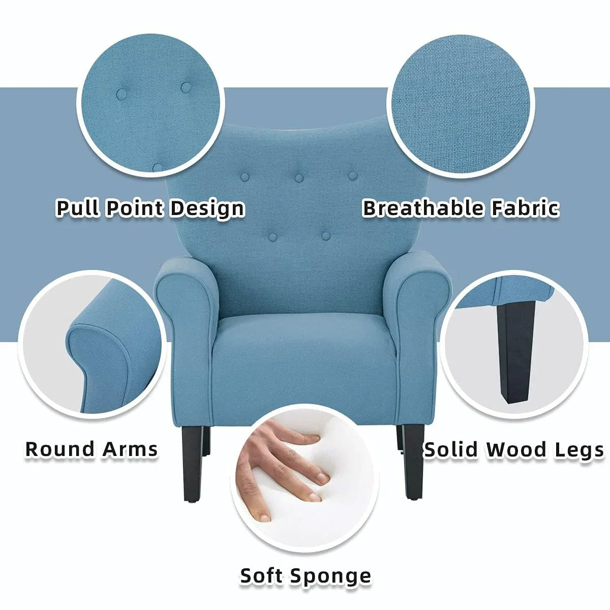 Erommy moderne fauteuil, fauteuil met hoge rugleuning, gestoffeerde eenzitsbank met knopen en houten poten voor de woonkamer