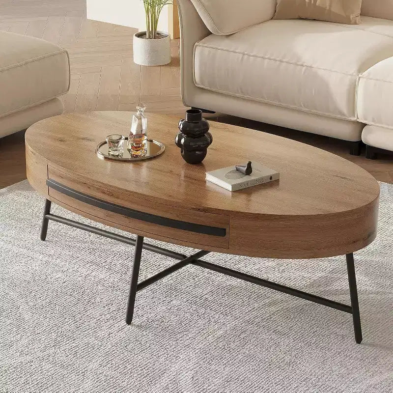 Acekool ovale salontafel met lade, houten opbergtafel van 47.2 met metalen kruispoten, modern tafelblad uit het midden van de vorige eeuw in naturel en gouden wilg