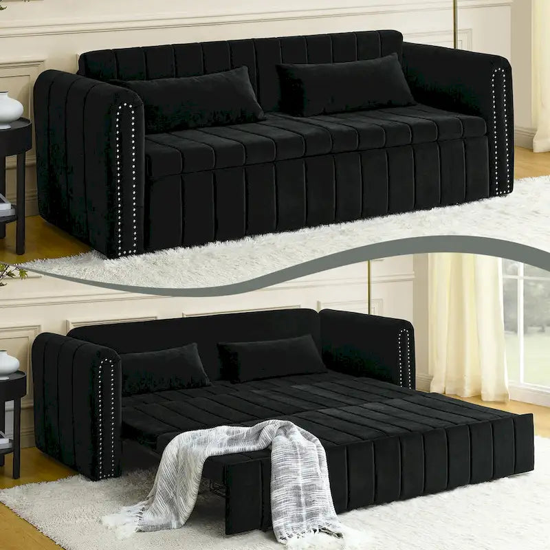 Moderner, wandelbarer Schlafsofa-Loungesessel aus Samt mit gerollten Armlehnen, verziert mit Kupfernägeln