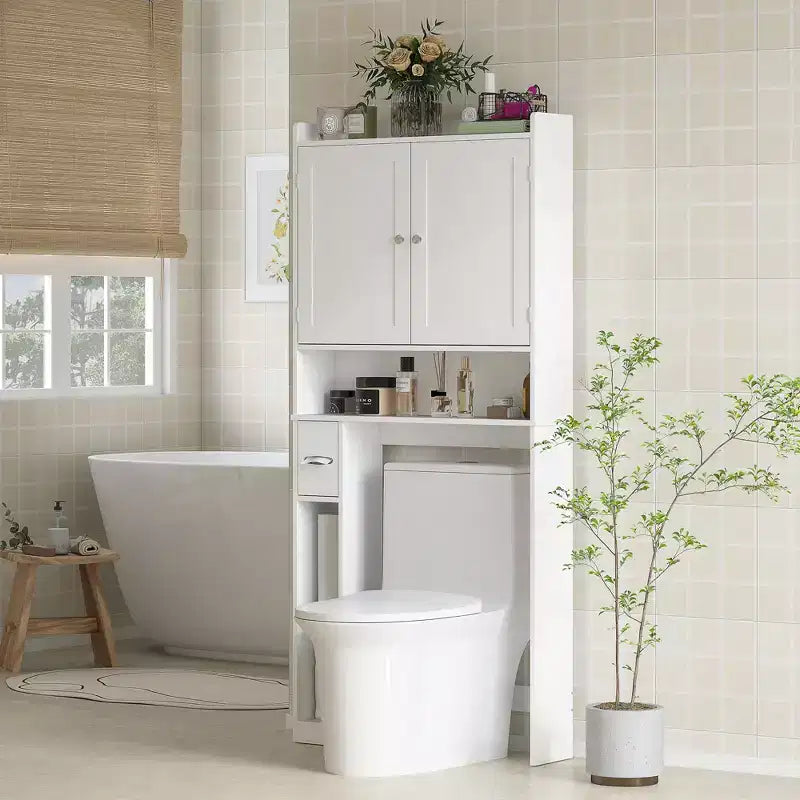 HOMCOM opbergkast boven het toilet, moderne badkamerorganizer met 2 deuren, toiletrolhouder en vrijstaand ruimtebesparend ontwerp