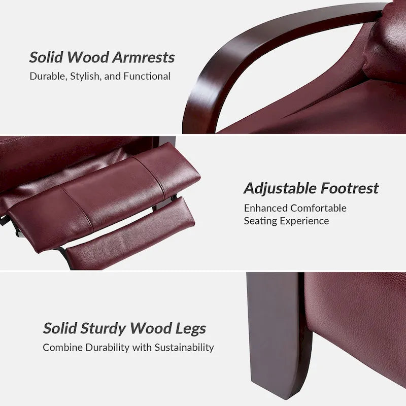 Alex Mid-century Modern Cigar Genuine Leather Manual Recliner with Wooden Curved Arms