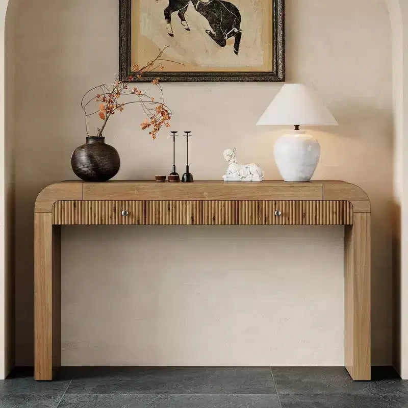 Console rustique Whisen, table d’entrée et table d’appoint avec façade de tiroir cannelée